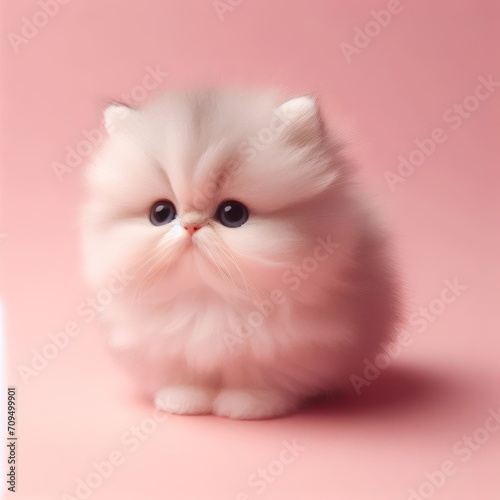 Сute fluffy white baby Persian cat toy on a pastel pink background. Minimal adorable animals concept. Wide screen wallpaper. Web banner with copy space for design.