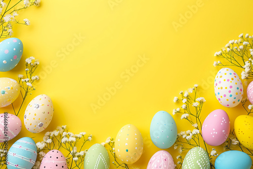 Colorful Easter Eggs, White Flowers, and Willow Gracefully Arranged on a Monochrome Yellow Background - A Tranquil and Beautiful Scene with a Perfect Space for YourText photo