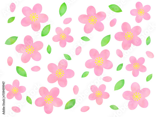水彩風ピンクの花を散りばめた背景イラスト