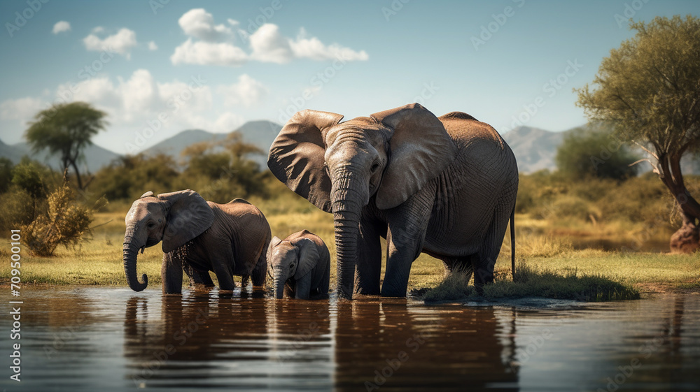 A beautiful golden photograph of a family herd of elephant drinking - obrazy, fototapety, plakaty 