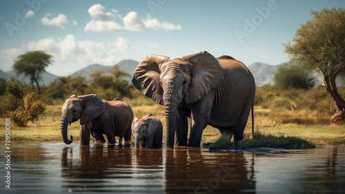 A beautiful golden photograph of a family herd of elephant drinking photo