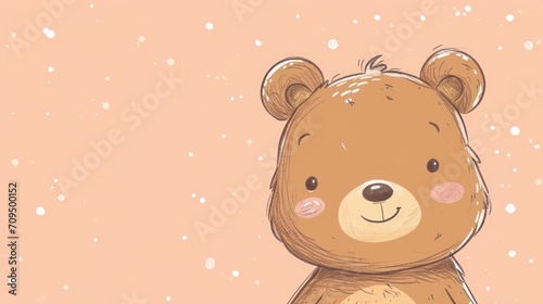  a drawing of a brown teddy bear sitting on a pink background with snow flakes on the bottom of it.