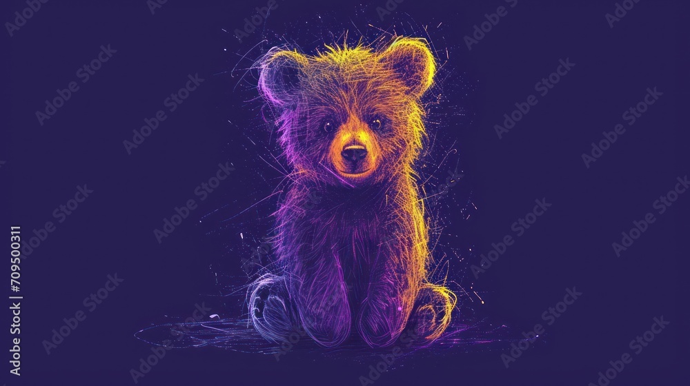 Naklejka premium a colorful teddy bear sitting in the middle of a dark room with a purple and yellow light on it's face.