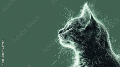  a black and white photo of a cat with its head turned to the side, looking up at something on a green background. photo