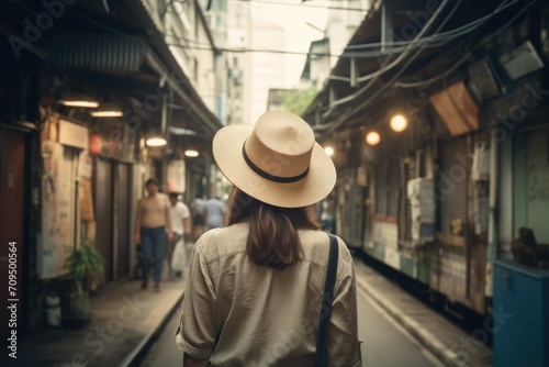 Rear view of woman walking in the streets of Thailand, woman traveling in Thailand in the summer, woman looking at the scenery in the streets of Thailand, faceless travel footage, summer travel, trave