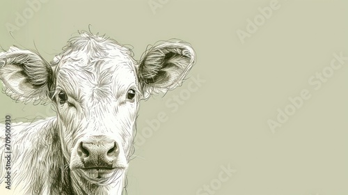  a black and white drawing of a baby cow looking at the camera with a smile on it's face.
