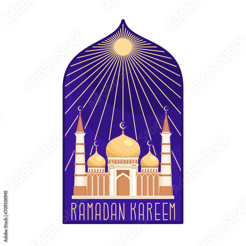 Image of a mosque with minarets and the moon shining in the night sky. Decorative composition for celebrating Ramadan. Holy holiday of Muslims. Religious event. Vector illustration.
