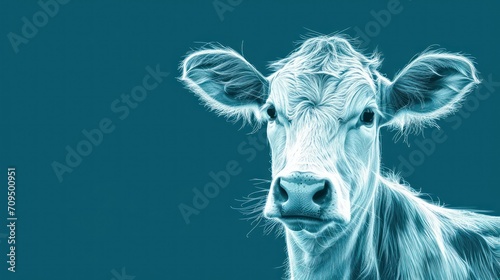  a close up of a cow's face on a blue background with a blurry image of the cow's head.