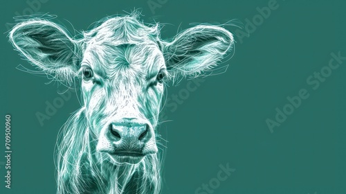  a close up of a cow's face on a green background with a blurry image of the cow's head.