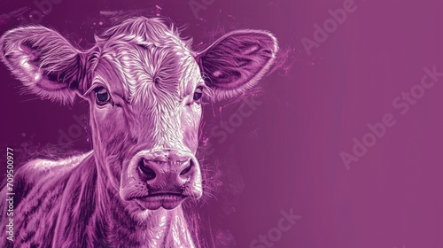  a close up of a cow's face on a purple background with a blurry image of the cow's head.