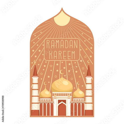 Image of a mosque with minarets and the moon shining in the night sky. Decorative composition for celebrating Ramadan. Holy holiday of Muslims. Religious event. Vector illustration.