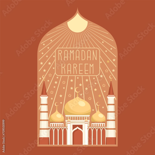 Image of a mosque with minarets and the moon shining in the night sky. Decorative composition for celebrating Ramadan. Holy holiday of Muslims. Religious event. Vector illustration.
