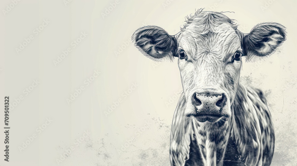  a black and white photo of a cow's face with a blurry look on it's face. - obrazy, fototapety, plakaty 