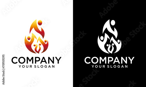 Creative fire human logo, happy family logo, symbol of unity between humans , social icon, fire human logos