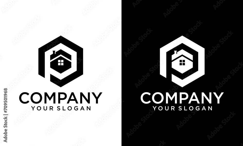 Creative Heaxagon Combination of P and home for real estate company logos Creative Heaxagon Combination of P and home for real estate company logos