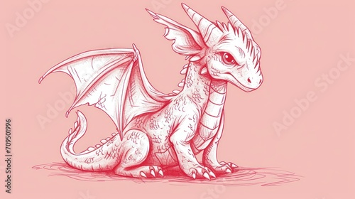  a drawing of a dragon sitting on the ground with its wings spread out and its eyes wide open  on a pink background.