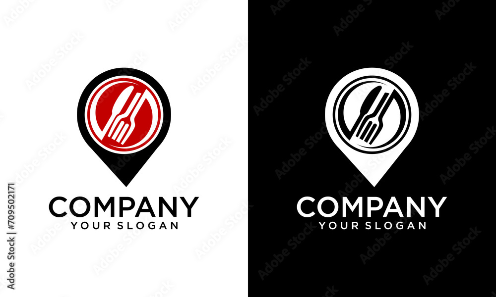 Creative Food location logo design, with pin, fork, magnifying glass and business concept Premium Vector Creative Food location logo design, with pin, fork, magnifying glass and business concept Premium Vector