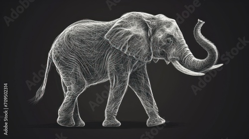  an elephant standing on a black background with a white line drawing of it's trunk and tusks.