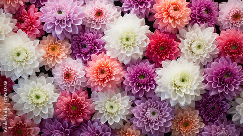 Flowers wall background with amazing red orange pink purple green and white chrysanthemum flowers © Aura