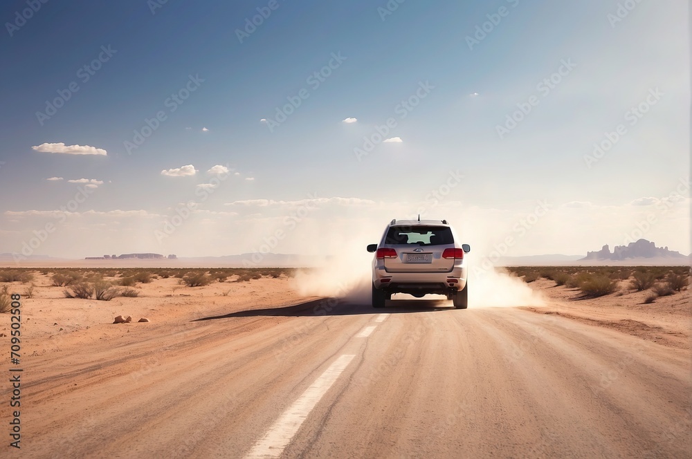 A car speeding on the highway road desert A car speeding on the highway road desert
