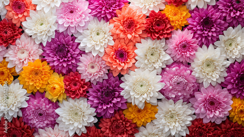 Flowers wall background with amazing red orange pink purple green and white chrysanthemum flowers
