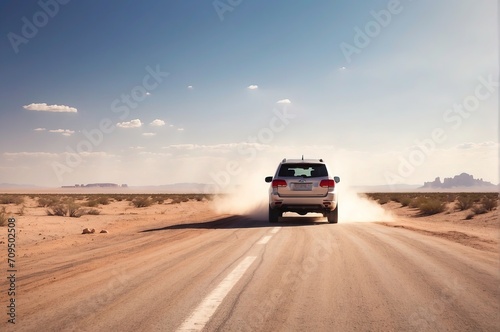 A car speeding on the highway road desert