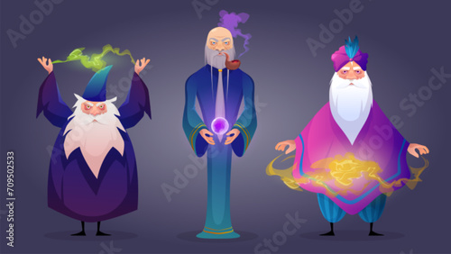Male wizard game design character. Cartoon vector illustration set of various old sorcerer and magician with long grey beard casting spell. wise fantasy warlock with magic fog and wizardry ball.