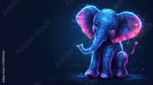  a digital painting of an elephant with blue and pink lights on it's face and trunk and tusks.