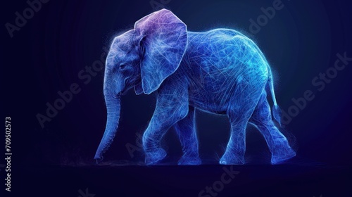  a blue elephant standing in the dark with its trunk in the air and it's trunk in the air. © Shanti