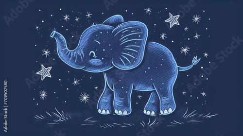  a drawing of an elephant in the night sky with stars on it's back and its trunk in the air.