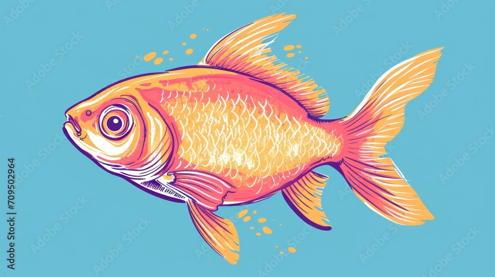  a drawing of a goldfish on a blue background with a yellow spot in the middle of the fish's eye.