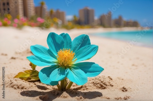 A picture of flower growing with sandy beach turquoise colour