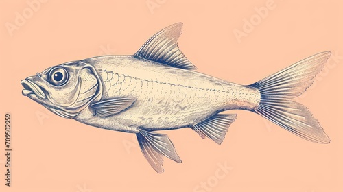  a black and white drawing of a fish on a pink background with a blue line drawing of a fish on it's side.