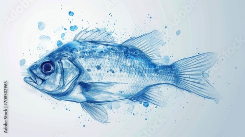  a drawing of a blue fish with bubbles of water on it's back and a white background with blue spots on it's sides.