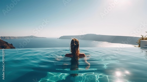 Rear view of woman looking at scenery in infinity pool  woman traveling in mediterranean sea in summer  woman looking at scenery in cliff hotel pool in Greece