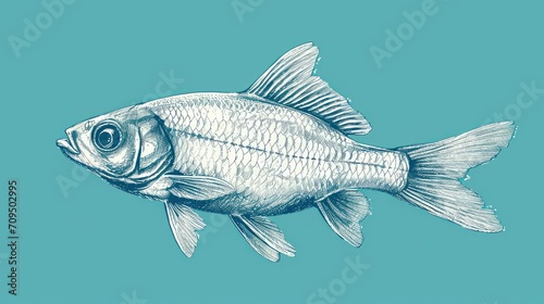  a black and white drawing of a fish on a blue background with a caption in the bottom corner of the image.