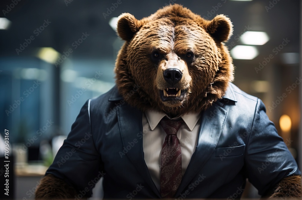 Angry bear become boss, standing roar in office Angry bear become boss, standing roar in office