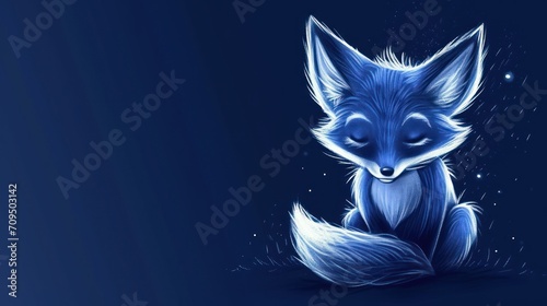  a drawing of a blue fox sitting on the ground with his eyes closed and his head turned to the side.