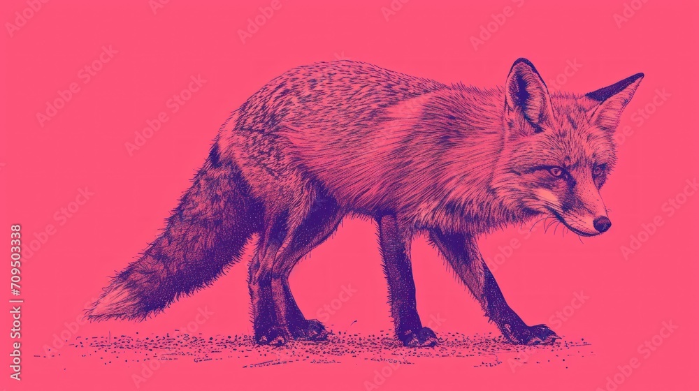 a red fox standing on top of a dirt ground next to a pink wall with a black outline on it. a red fox standing on top of a dirt ground next to a pink wall with a black outline on it.
