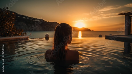 Rear view of woman looking at scenery in swimming pool at sunset  woman traveling in mediterranean sea in summer  woman looking at scenery in luxury hotel swimming pool  faceless travel footage