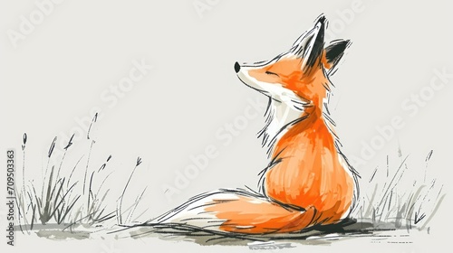  a drawing of a red fox sitting in the grass looking up at something in the distance with its eyes closed. photo