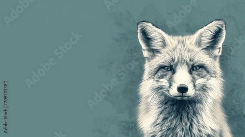  a black and white photo of a fox's face with blue eyes and a black and white photo of a fox's head.