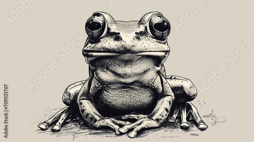  a black and white drawing of a frog sitting on the ground with his legs crossed and his eyes wide open.