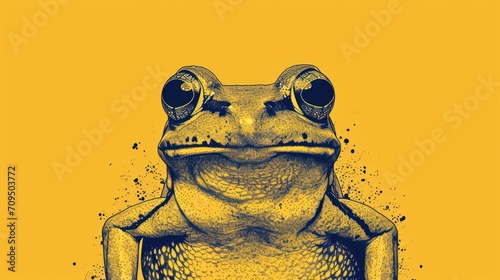  a close up of a frog on a yellow background with a black and white photo of it's face.