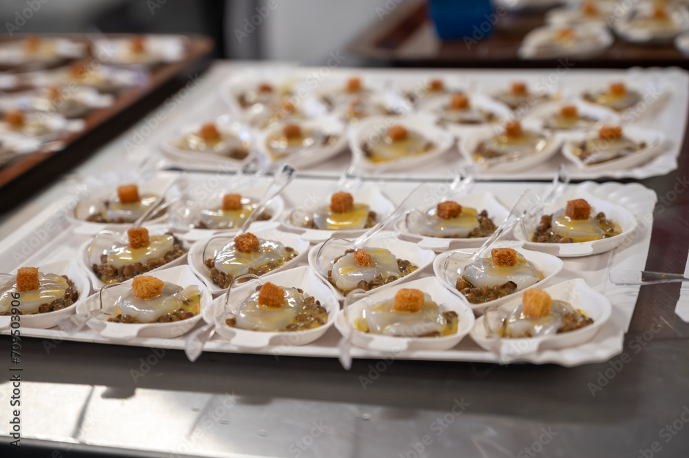 Degustation appetisers for visitors made by great chefs of high cuisine French restaurants, winter festival, Avenue de Champagne, Epernay, France Degustation appetisers for visitors made by great chefs of high cuisine French restaurants, winter festival, Avenue de Champagne, Epernay, France