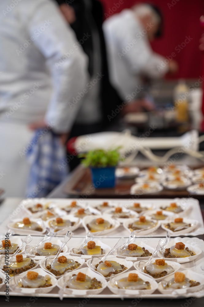 Degustation appetisers for visitors made by great chefs of high cuisine French restaurants, winter festival, Avenue de Champagne, Epernay, France Degustation appetisers for visitors made by great chefs of high cuisine French restaurants, winter festival, Avenue de Champagne, Epernay, France