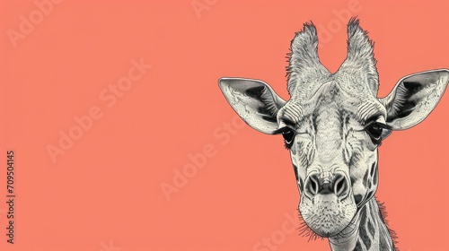  a close up of a giraffe's face on a pink background with a black and white drawing of a giraffe's head.
