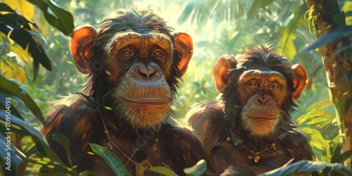 Two Chimpanzees with big eyes. Stylish monkey. Beautiful animal. Portrait image, artistic style, color accents, the concept of personification. Accessories. Natural beauty. 3D art