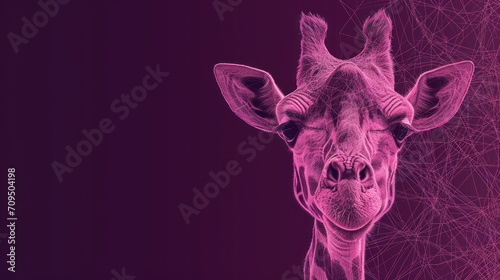  a close up of a giraffe's face on a purple background with lines in the foreground.