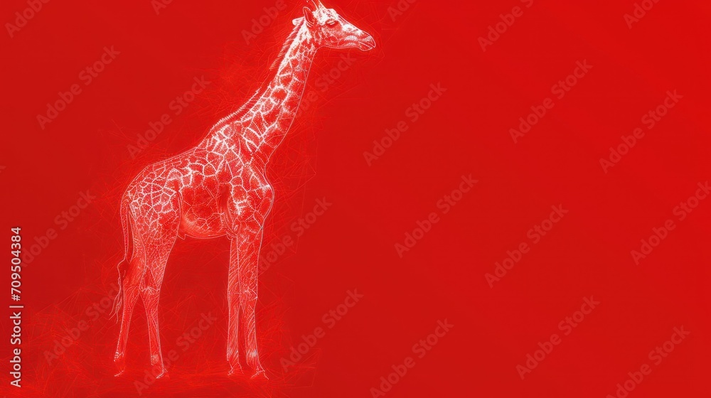 a drawing of a giraffe on a red background with a white outline of a giraffe on a red background.